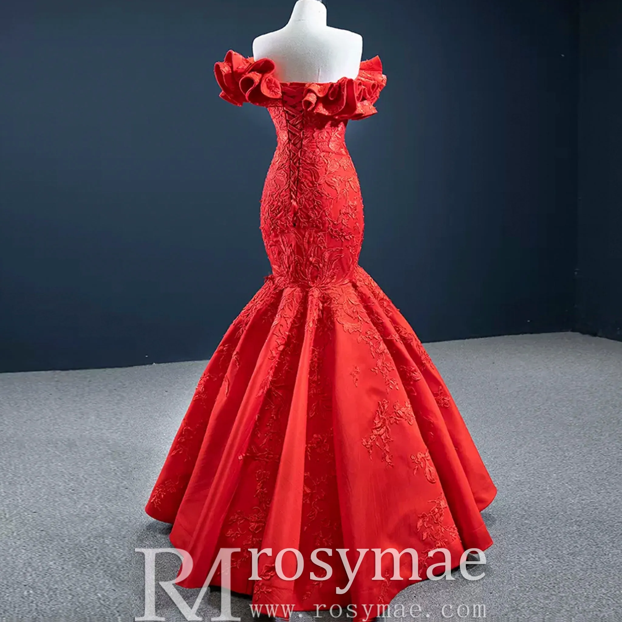 Red Mermaid Satin Off the Shoulder Appliques Ruffles Prom Dress