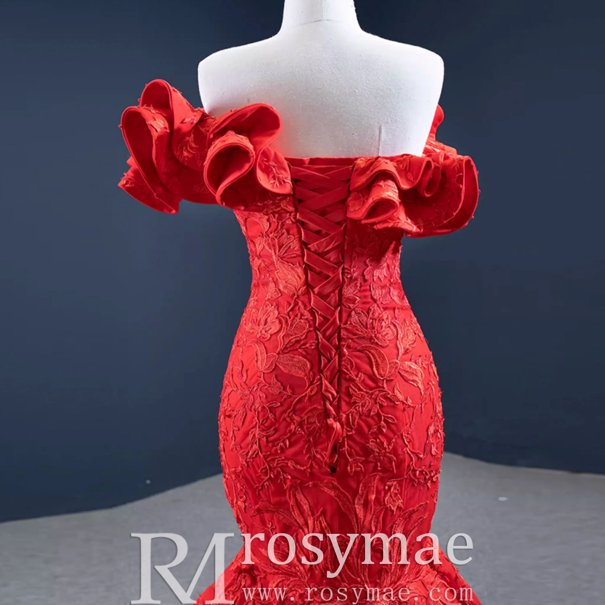 Red Mermaid Satin Off the Shoulder Appliques Ruffles Prom Dress
