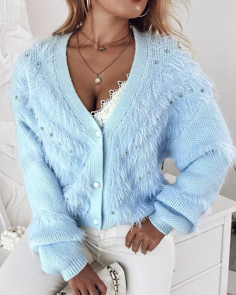 Rhinestone Pearls Decor V Neck Fuzzy Cardigan
