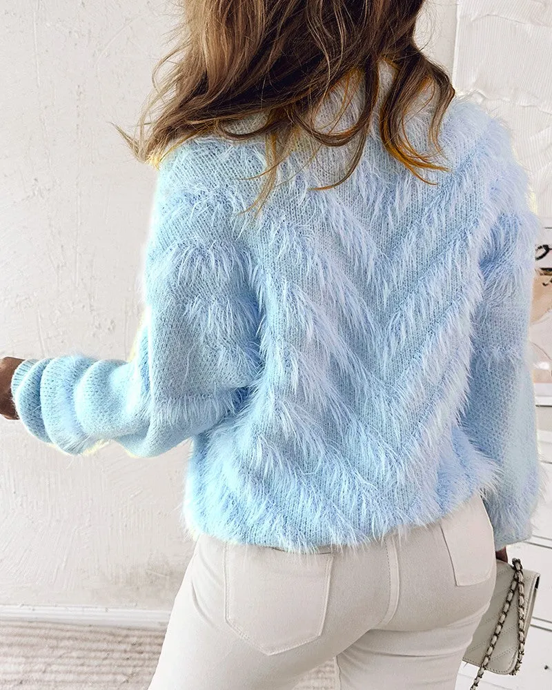 Rhinestone Pearls Decor V Neck Fuzzy Cardigan