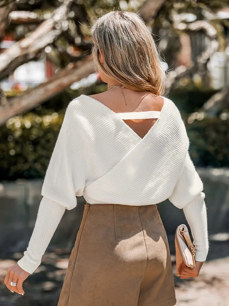 Ribbed Surplice Neck Cropped Sweater