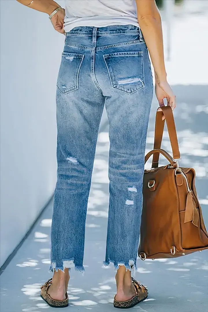 Ripped Raw Hem Mid Rise Straight Leg Cropped Jeans