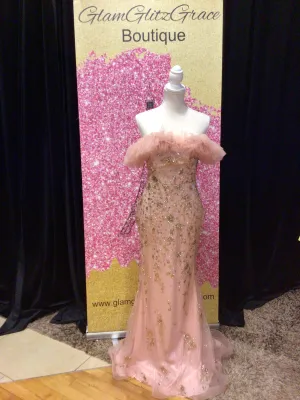 Rose Gold Sequin Tulle Off The Shoulder Dress