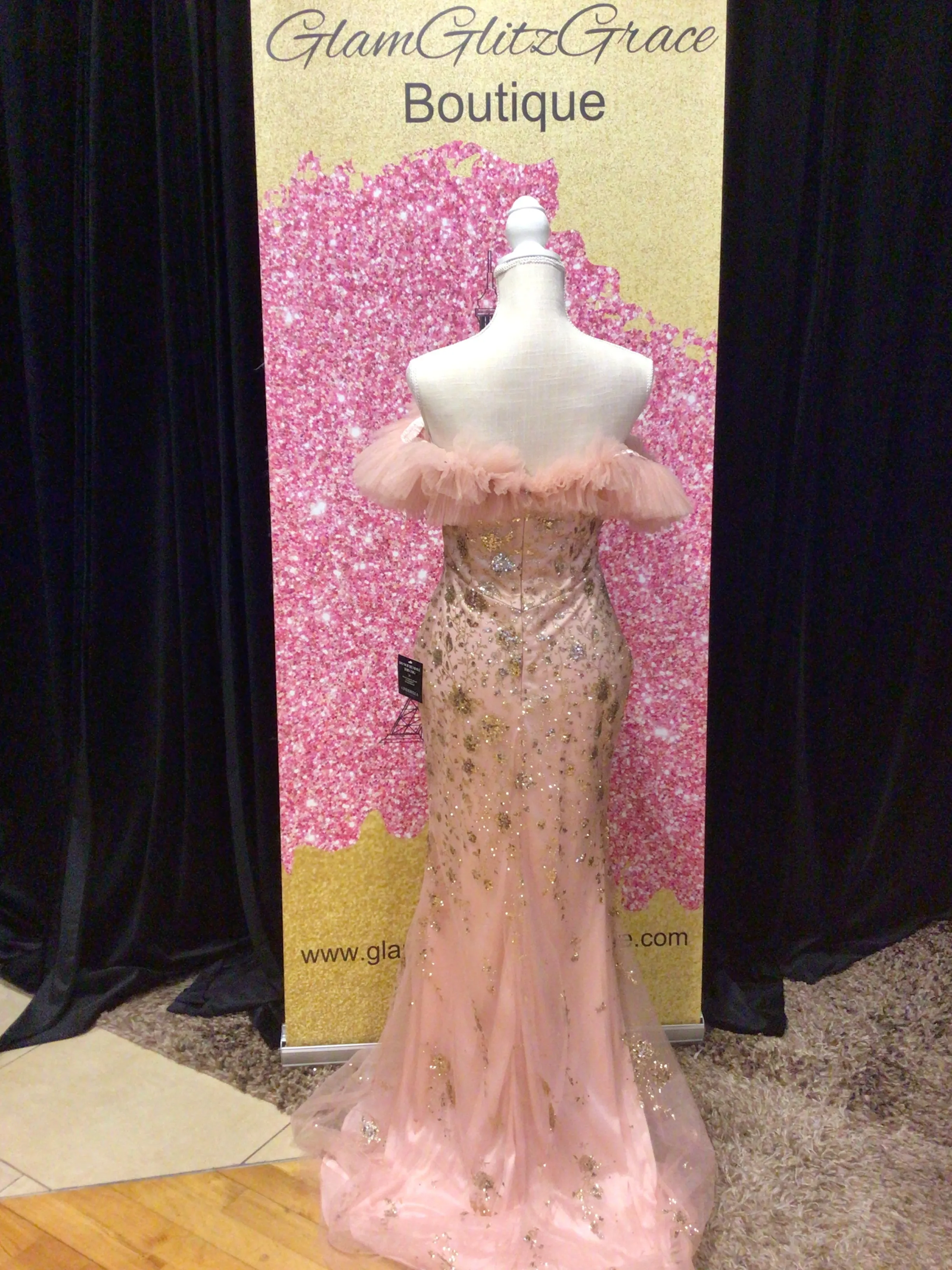 Rose Gold Sequin Tulle Off The Shoulder Dress