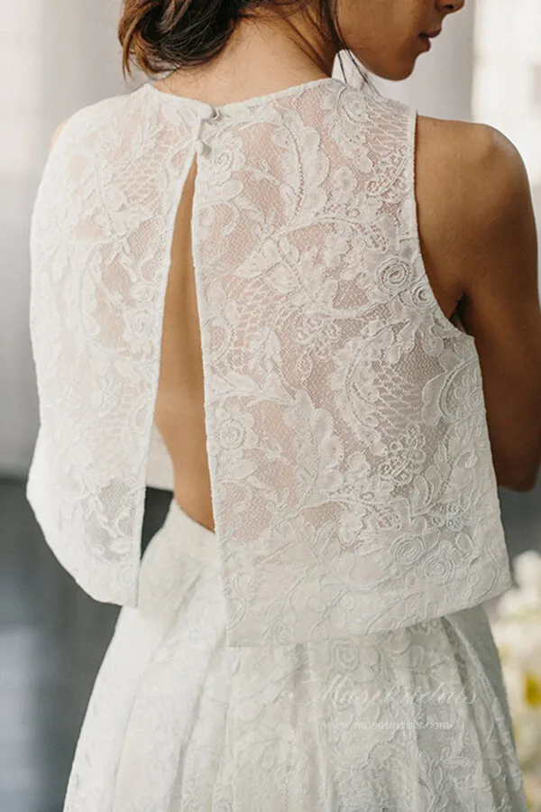 Roycebridal Ivory Lace Two Pieces Halter Open Back Wedding Dresses with Pockets, MW649