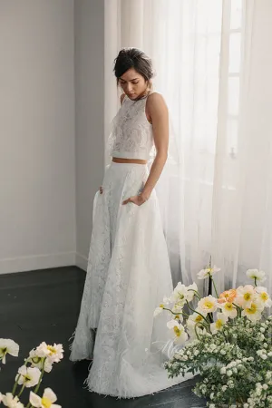 Roycebridal Ivory Lace Two Pieces Halter Open Back Wedding Dresses with Pockets, MW649