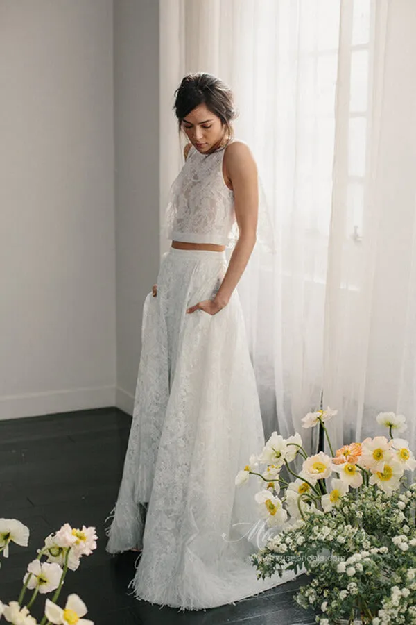 Roycebridal Ivory Lace Two Pieces Halter Open Back Wedding Dresses with Pockets, MW649