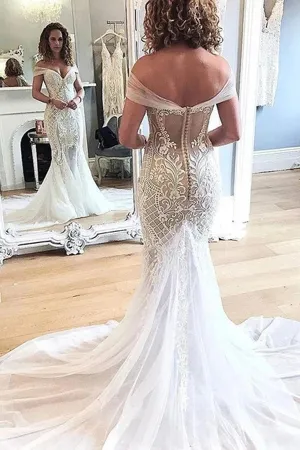 Roycebridal Lace Applique Retro Off the Shoulder Vintage Mermaid Wedding Dress,MW304