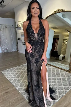Roycebridal Melissa | Black Halter Lace Appliques Mermaid Long Prom Dresses with Slit