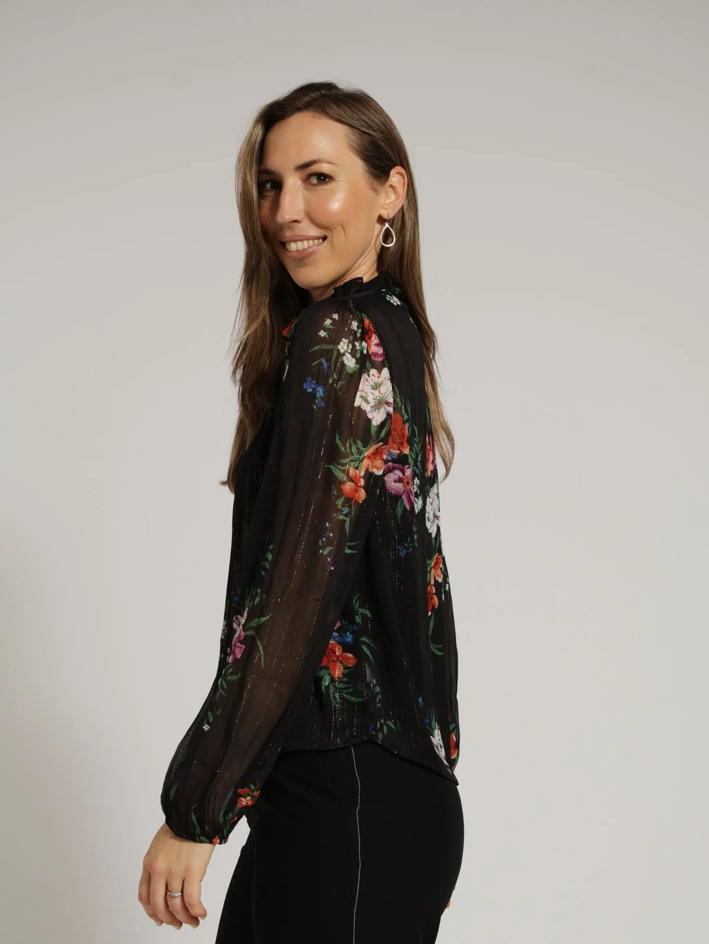 Ruffle Peasant Tie Up Blouse - Black