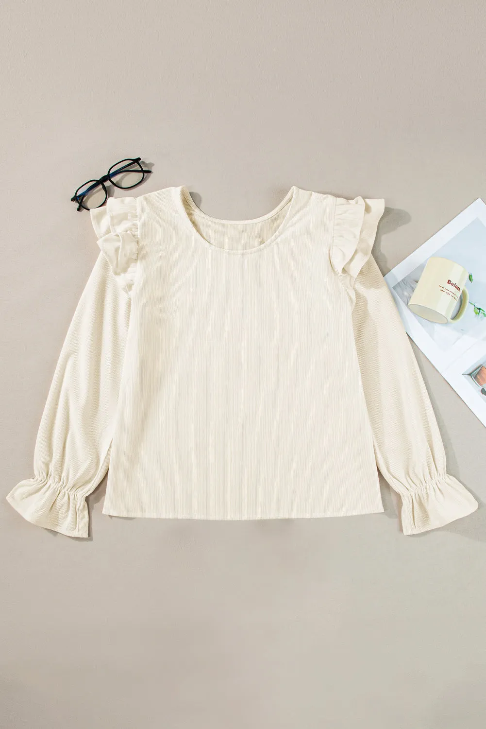 Ruffled Flounce Sleeve Corduroy Blouse
