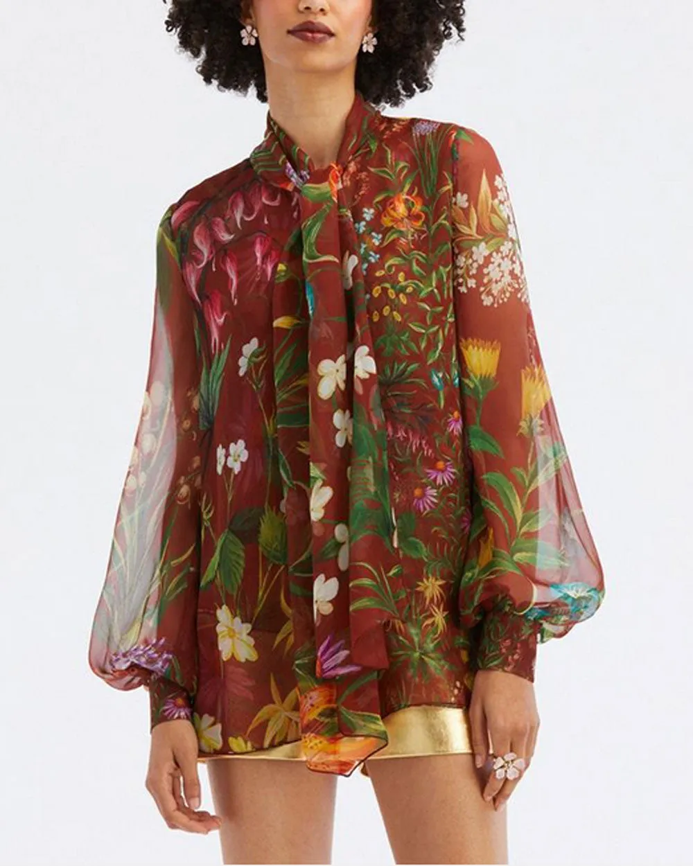 Rust Floral Tapestry Tie Neck Blouse