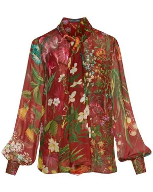 Rust Floral Tapestry Tie Neck Blouse