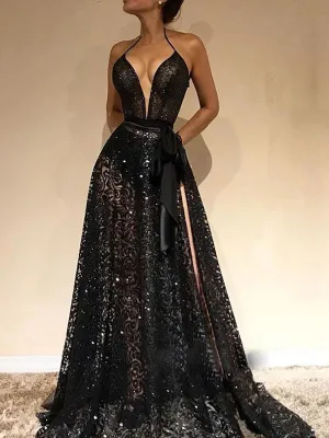 Sexy Deep V Sleeveless Halter Long Dress