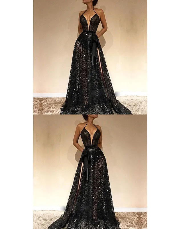Sexy Deep V Sleeveless Halter Long Dress