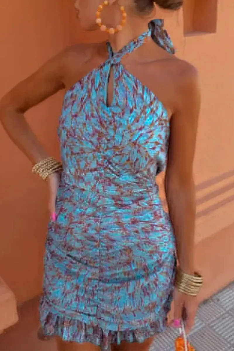 Sexy Geometric Print Lace Up Contrast Halter One Step Skirt Dresses