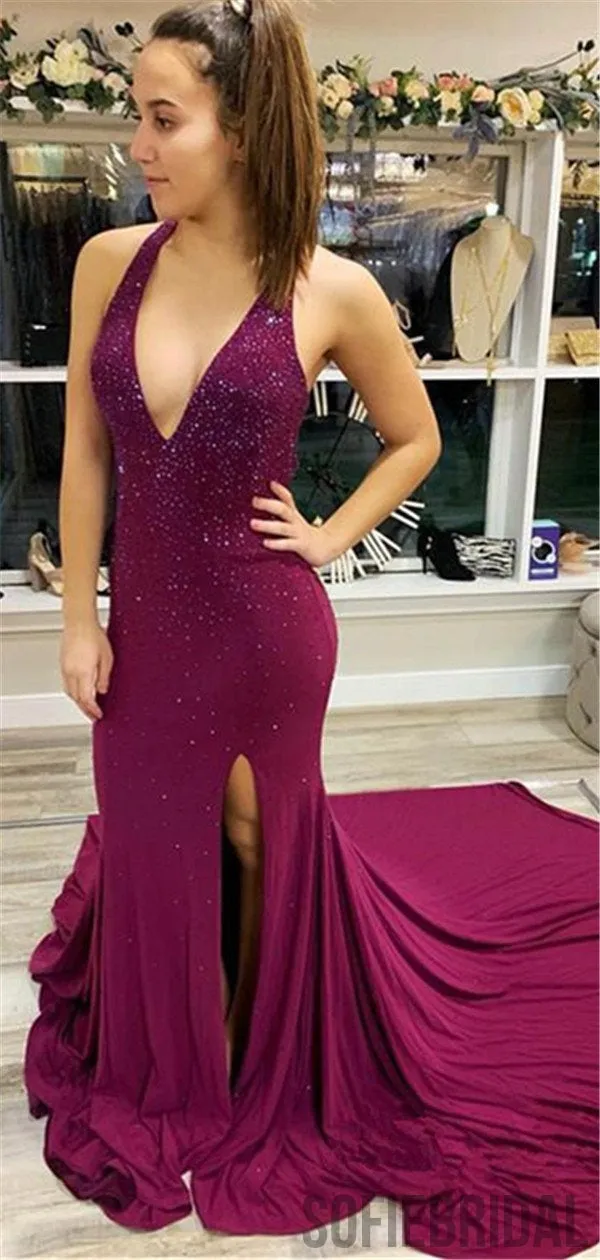Sexy Mermaid Backless V-neck Beading Prom Dresses With Split, PD0056