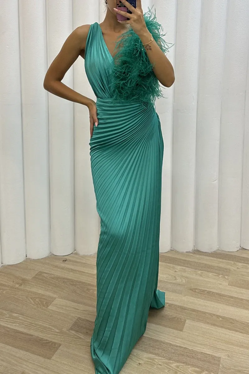 Sexy Solid Patchwork Pleated V Neck Long Dress Dresses