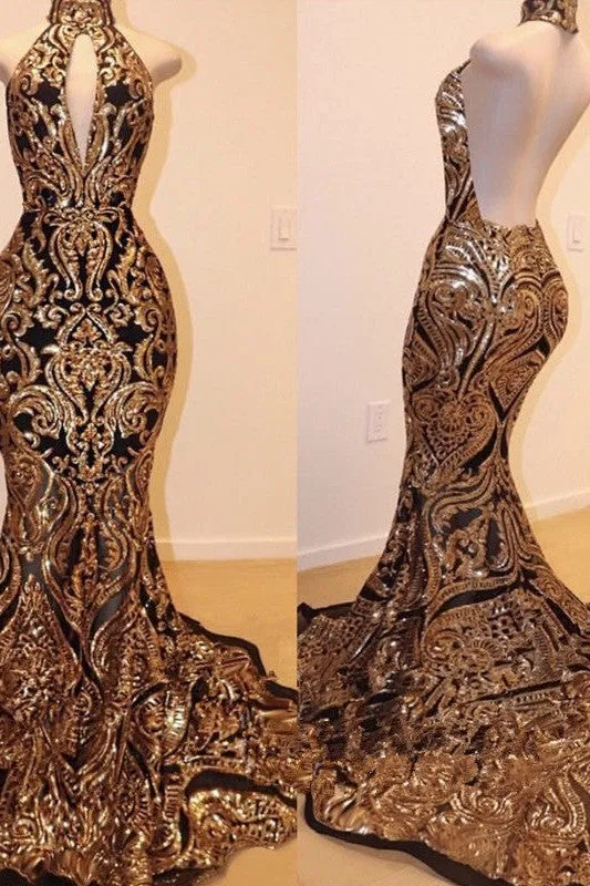 Sexy V-neck Halter Backless Mermaid Prom Dress Gold Sequins Long Backless