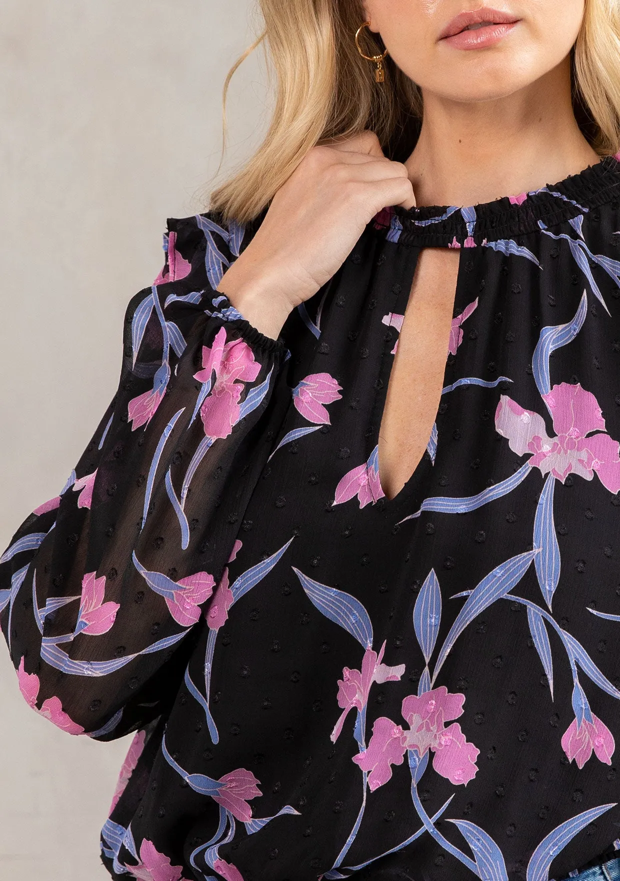 Sheer Chiffon Floral Print Ruffled Smocked Blouse