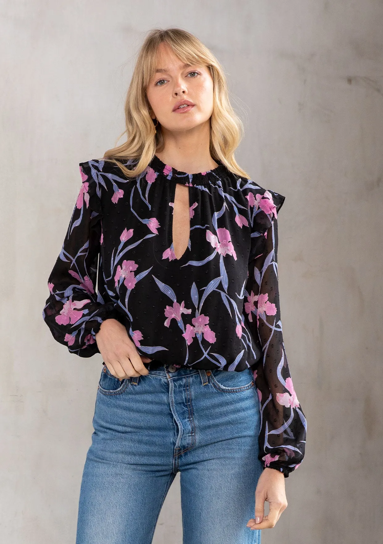 Sheer Chiffon Floral Print Ruffled Smocked Blouse