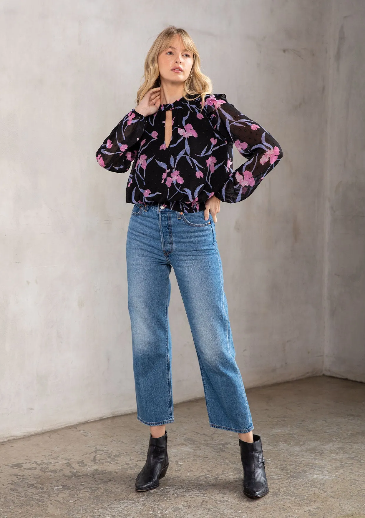 Sheer Chiffon Floral Print Ruffled Smocked Blouse