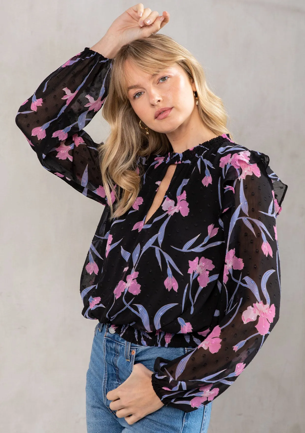Sheer Chiffon Floral Print Ruffled Smocked Blouse