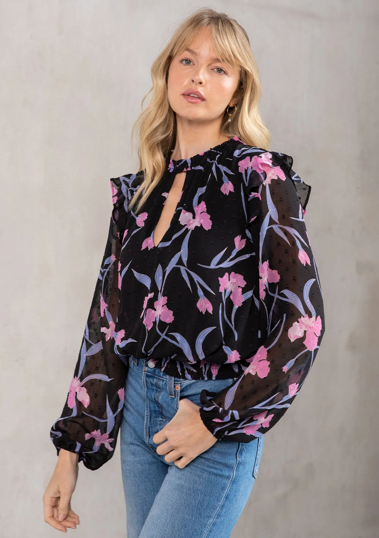 Sheer Chiffon Floral Print Ruffled Smocked Blouse