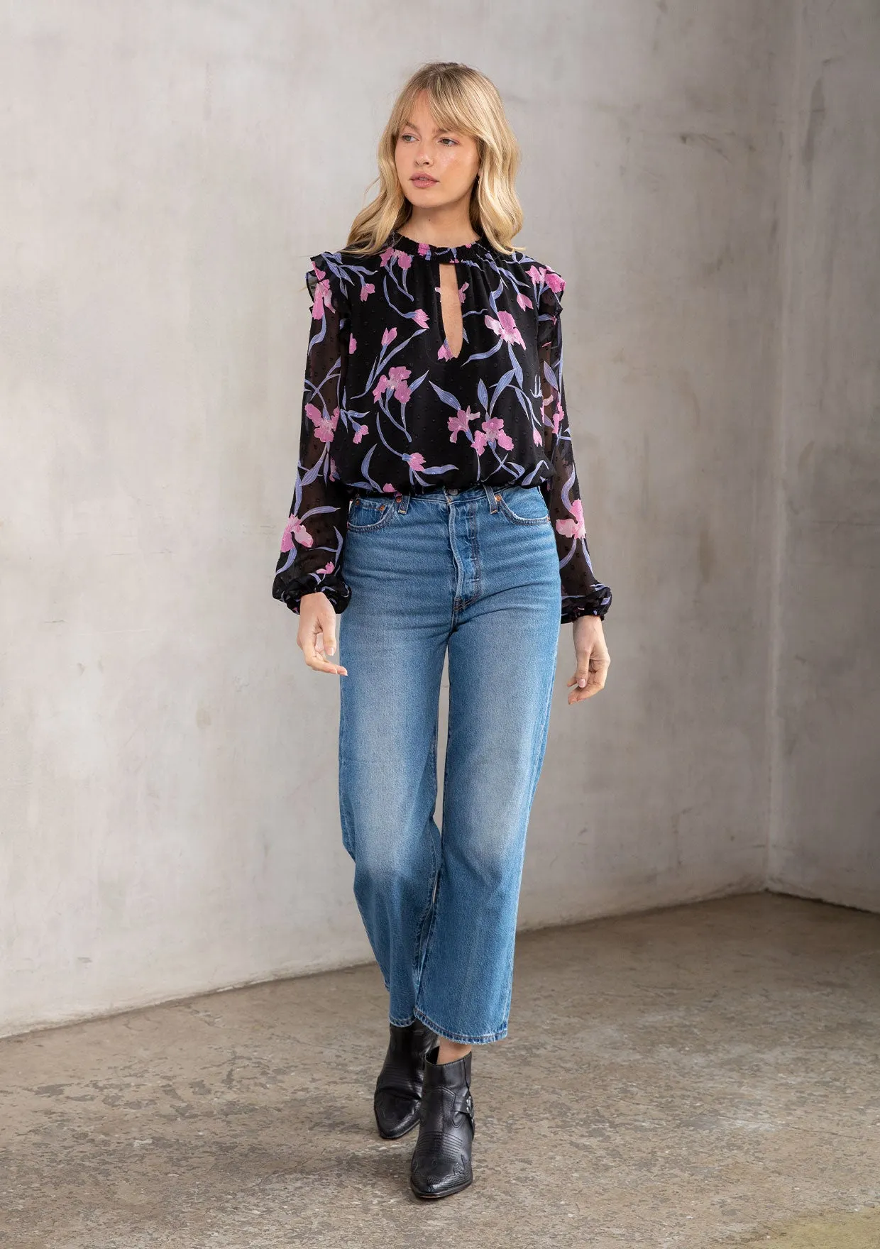Sheer Chiffon Floral Print Ruffled Smocked Blouse