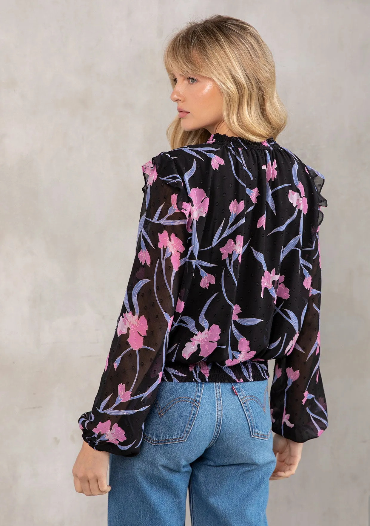 Sheer Chiffon Floral Print Ruffled Smocked Blouse