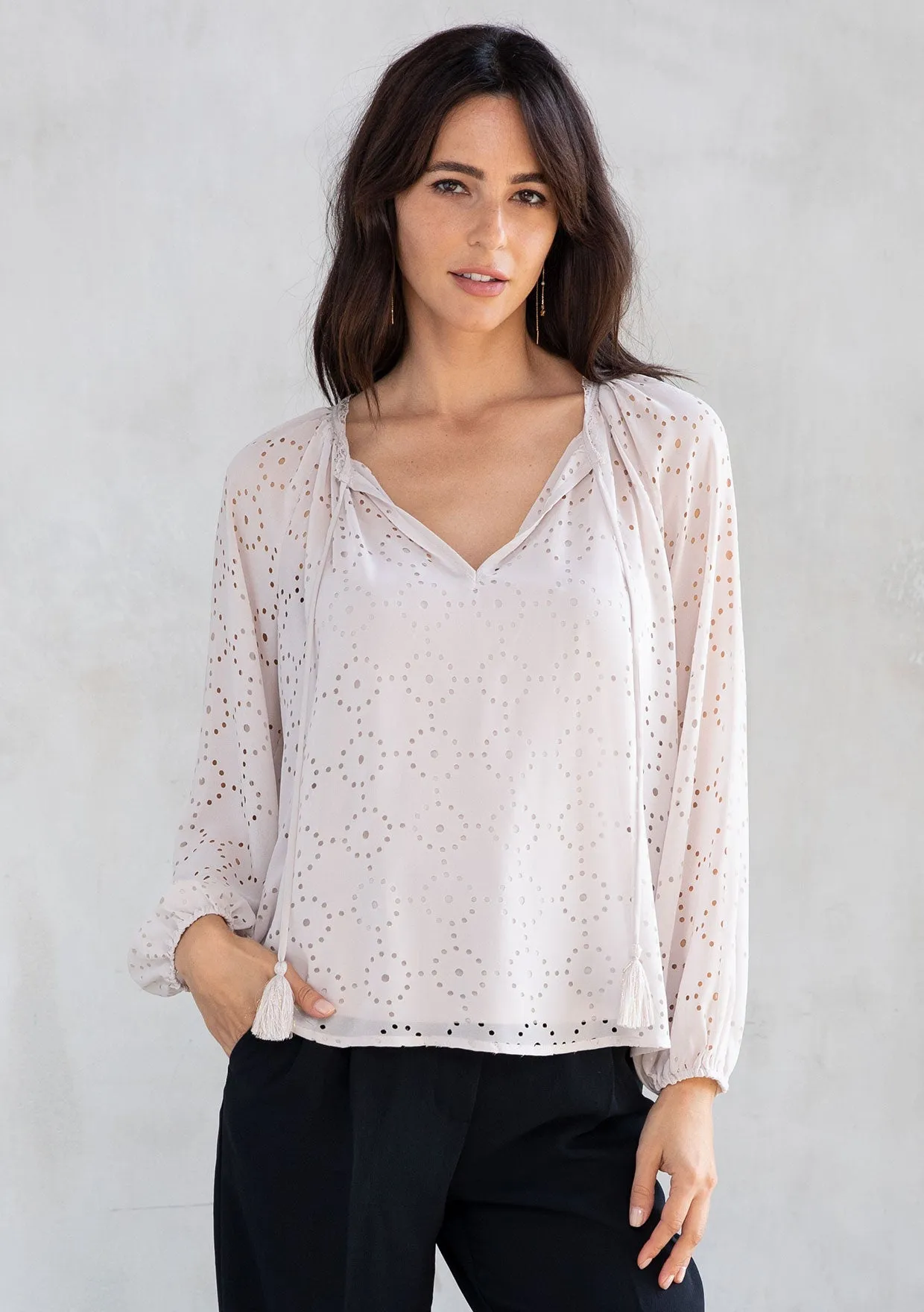 Sheer Chiffon Long Sleeve Gold Metallic Blouse