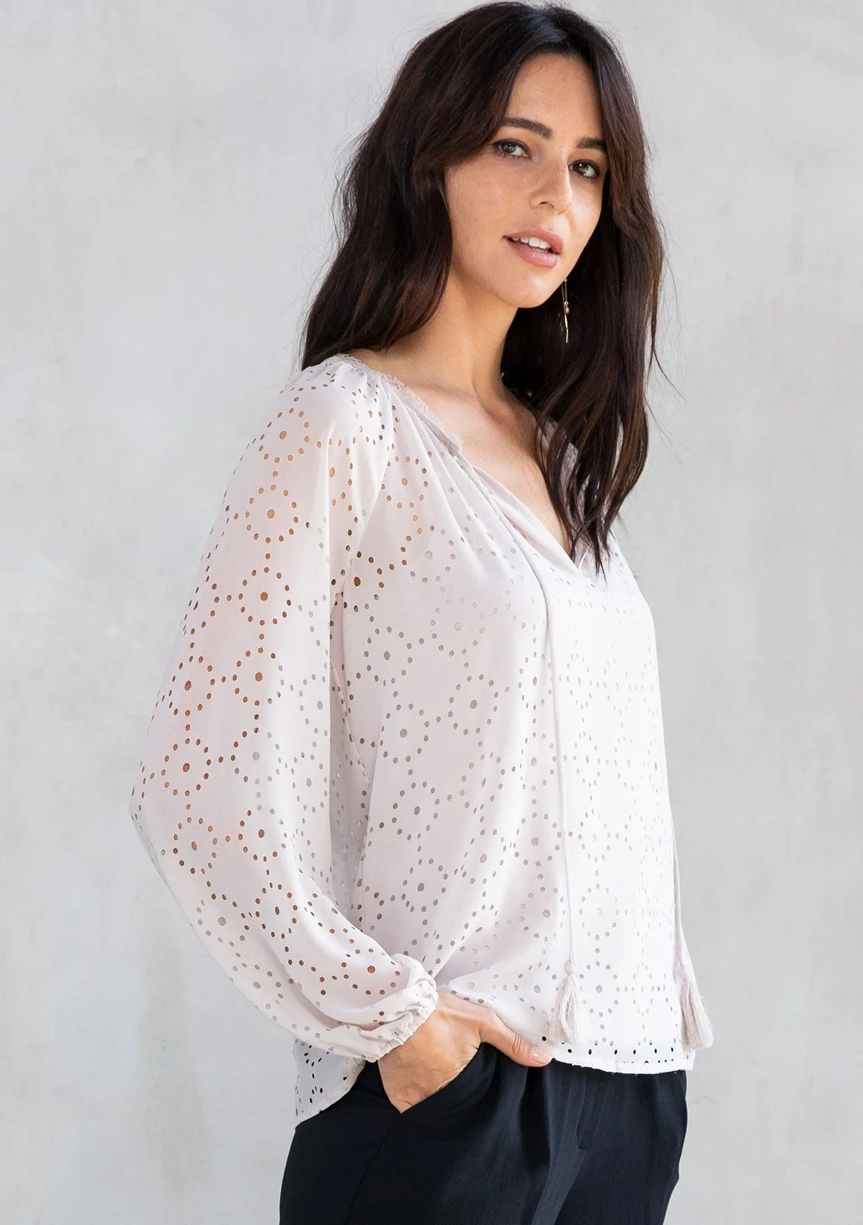Sheer Chiffon Long Sleeve Gold Metallic Blouse