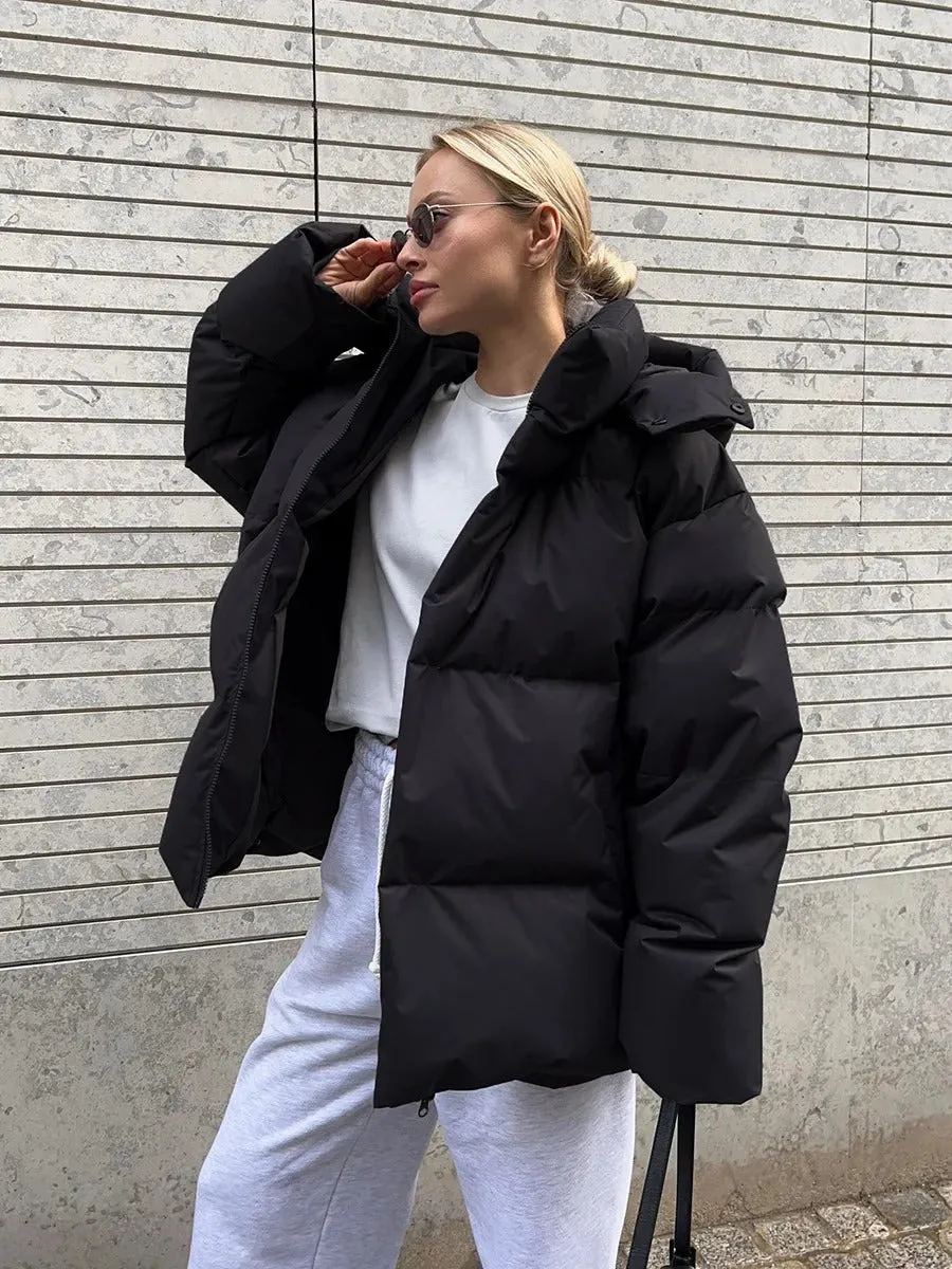 Short, warm, hooded women's quilted down jacket