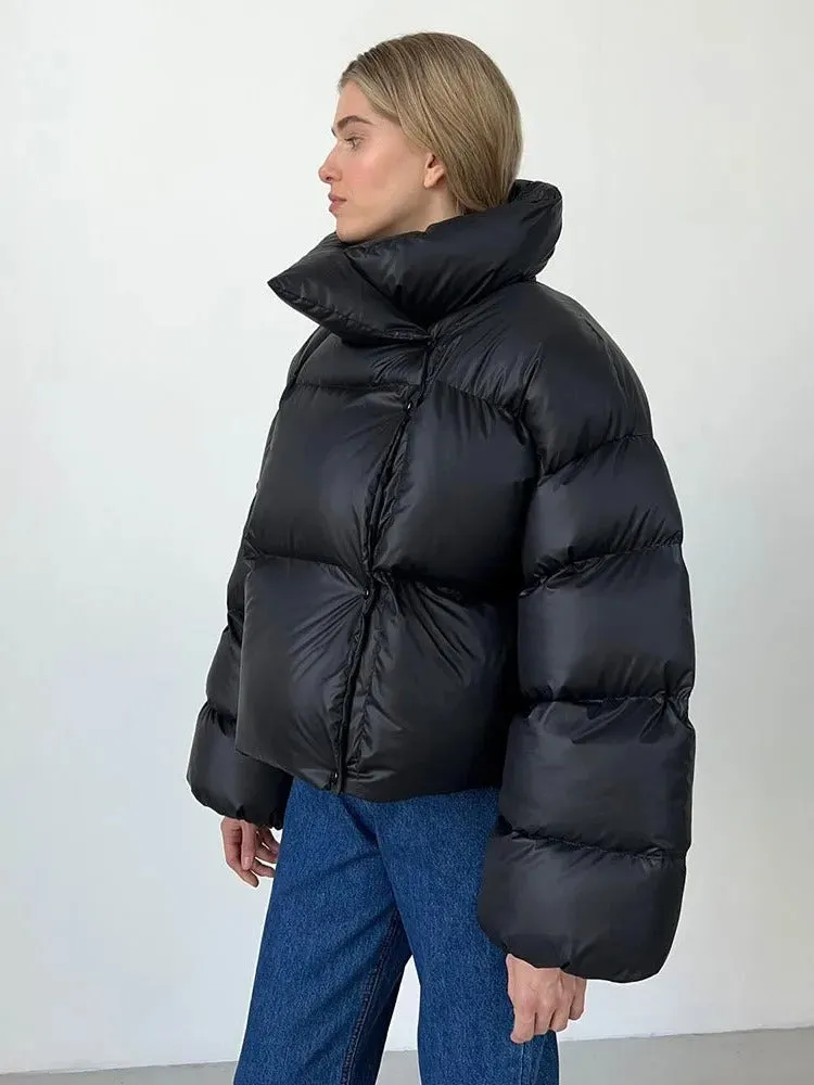 Short, warm, hooded women's quilted down jacket