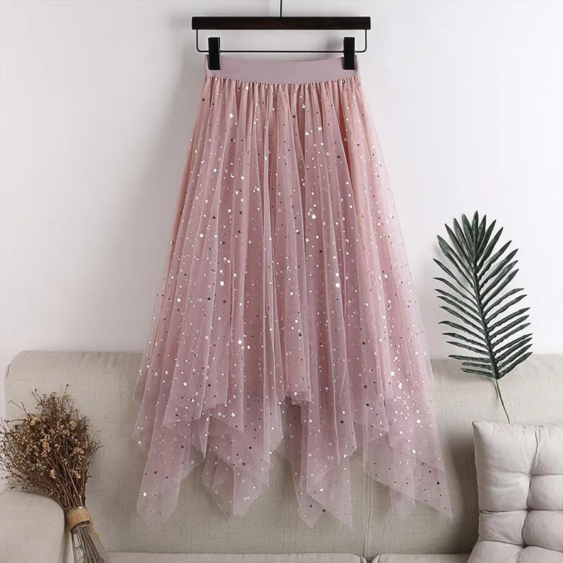 Skirt Womens Elastic Waist Tulle  Irregular Glitter Skirts Women