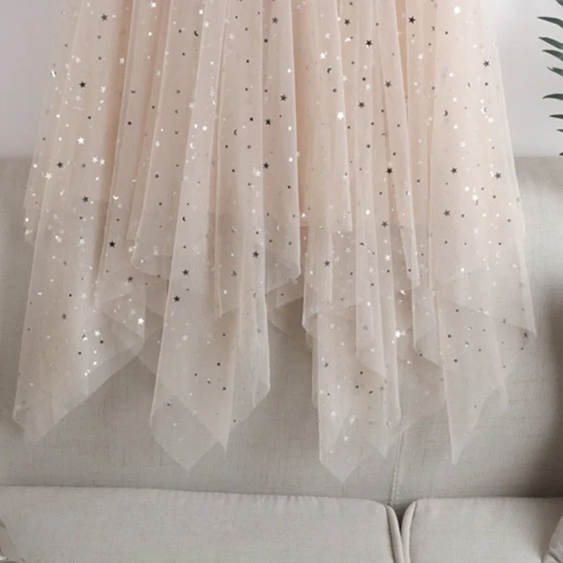 Skirt Womens Elastic Waist Tulle  Irregular Glitter Skirts Women