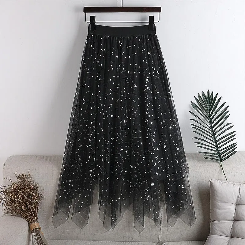 Skirt Womens Elastic Waist Tulle  Irregular Glitter Skirts Women