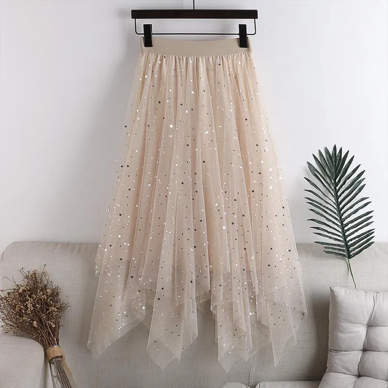 Skirt Womens Elastic Waist Tulle  Irregular Glitter Skirts Women