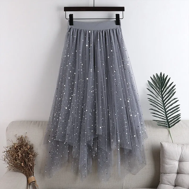 Skirt Womens Elastic Waist Tulle  Irregular Glitter Skirts Women