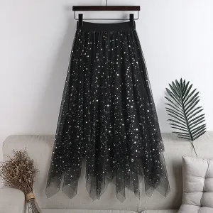 Skirt Womens Elastic Waist Tulle  Irregular Glitter Skirts Women