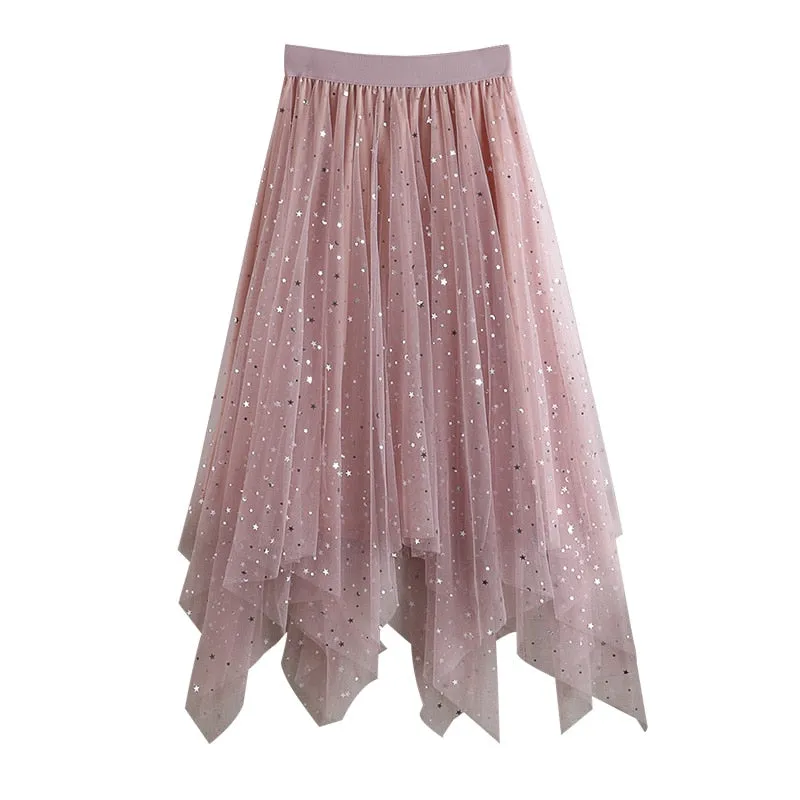Skirt Womens Elastic Waist Tulle  Irregular Glitter Skirts Women