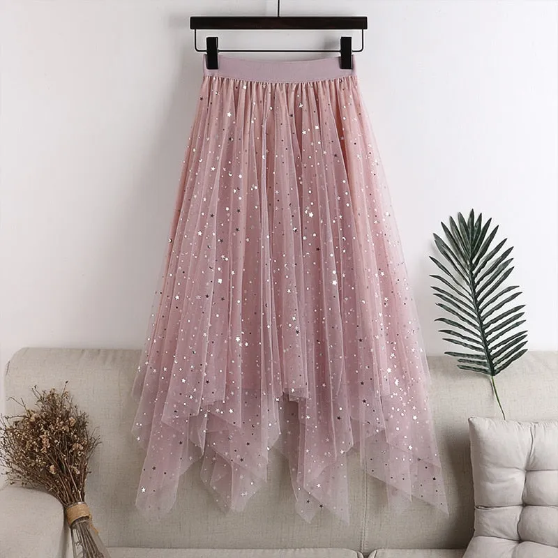 Skirt Womens Elastic Waist Tulle  Irregular Glitter Skirts Women
