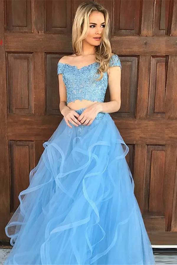 Sky Blue Tulle Two Piece Off-the-Shoulder Prom Dresses with Appliques, MP627