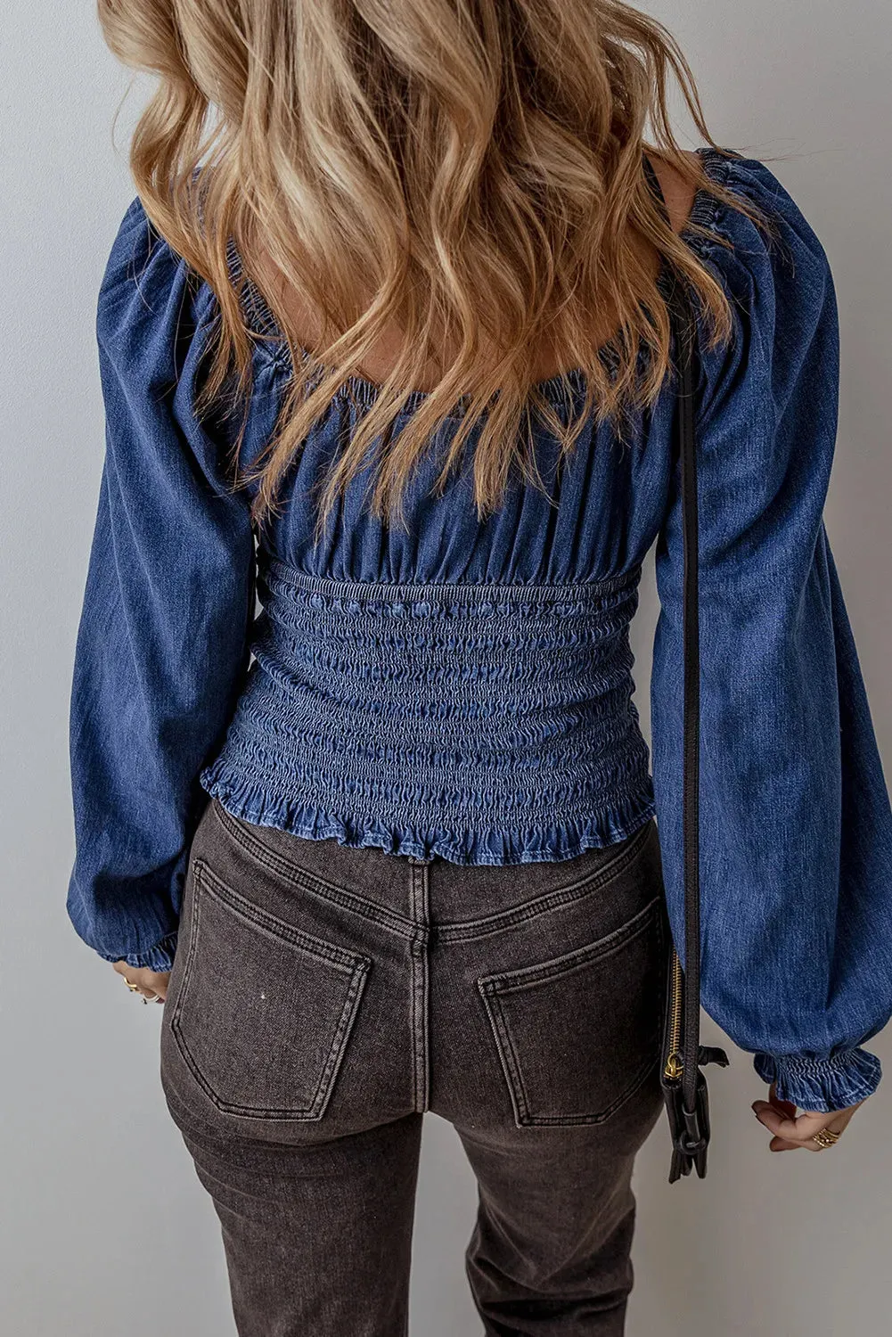Smocked Long Sleeve Denim Top S-XL