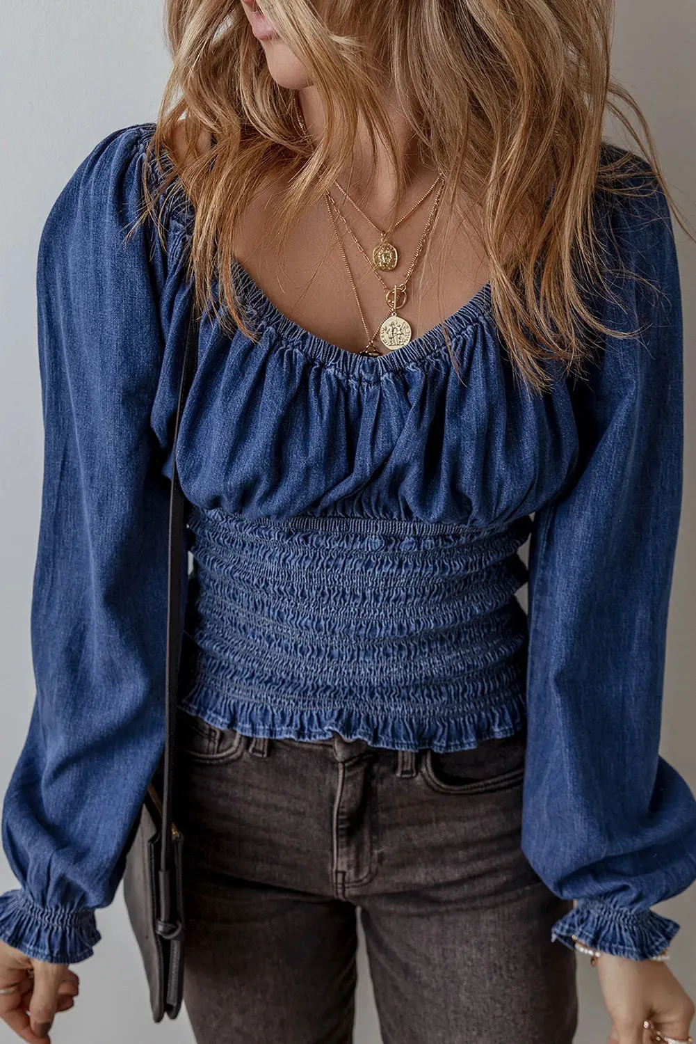 Smocked Long Sleeve Denim Top S-XL