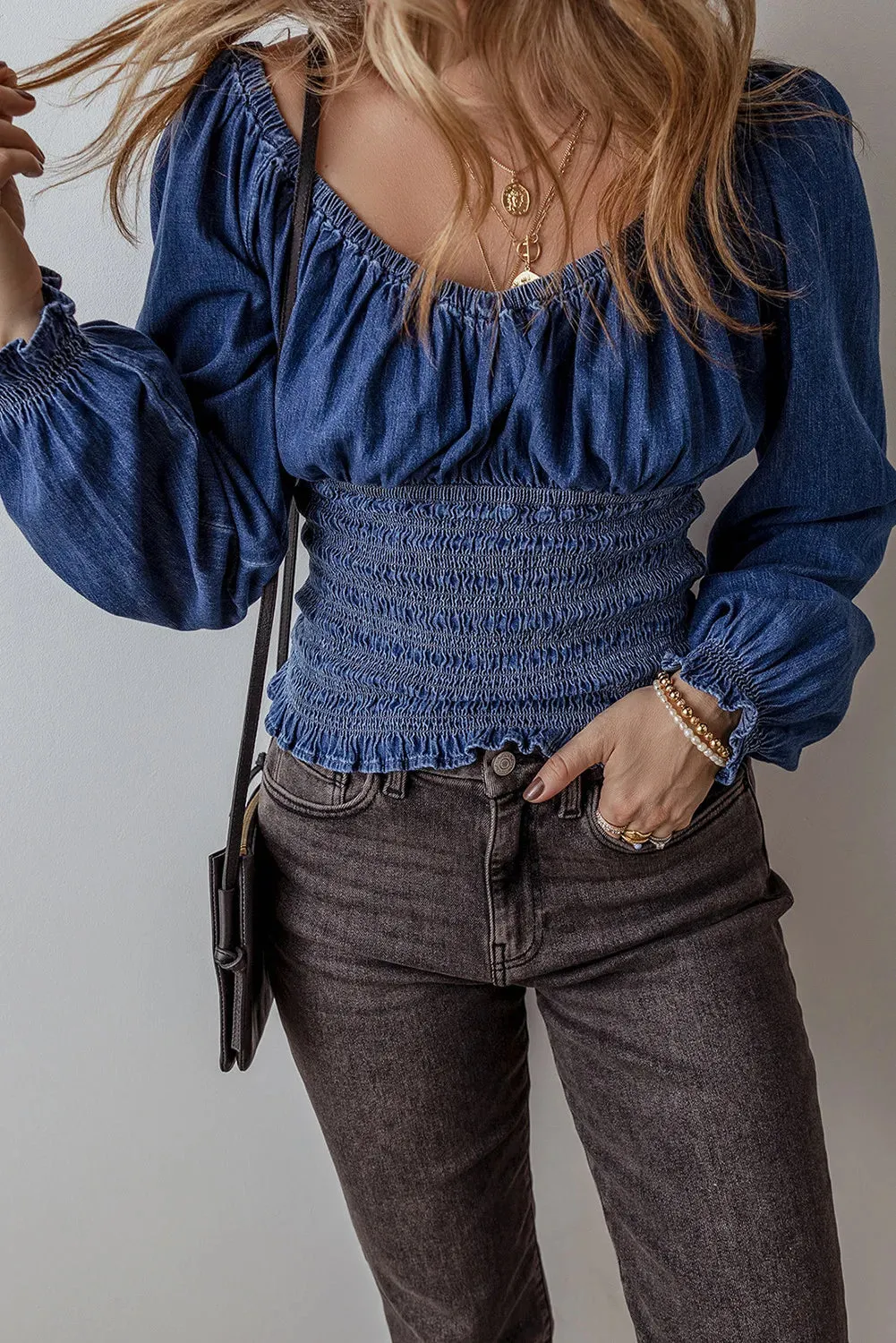 Smocked Long Sleeve Denim Top S-XL