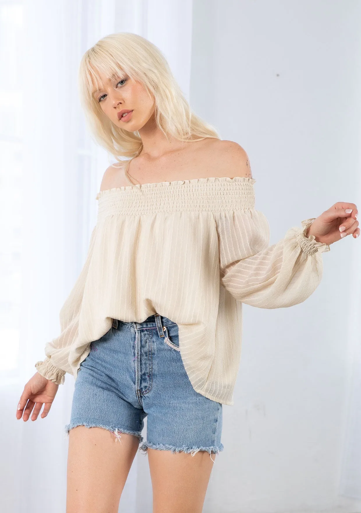 Smocked Off Shoulder 3/4 Sleeve Boho Blouse