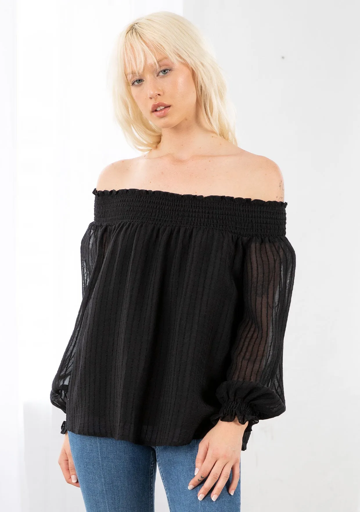 Smocked Off Shoulder 3/4 Sleeve Boho Blouse