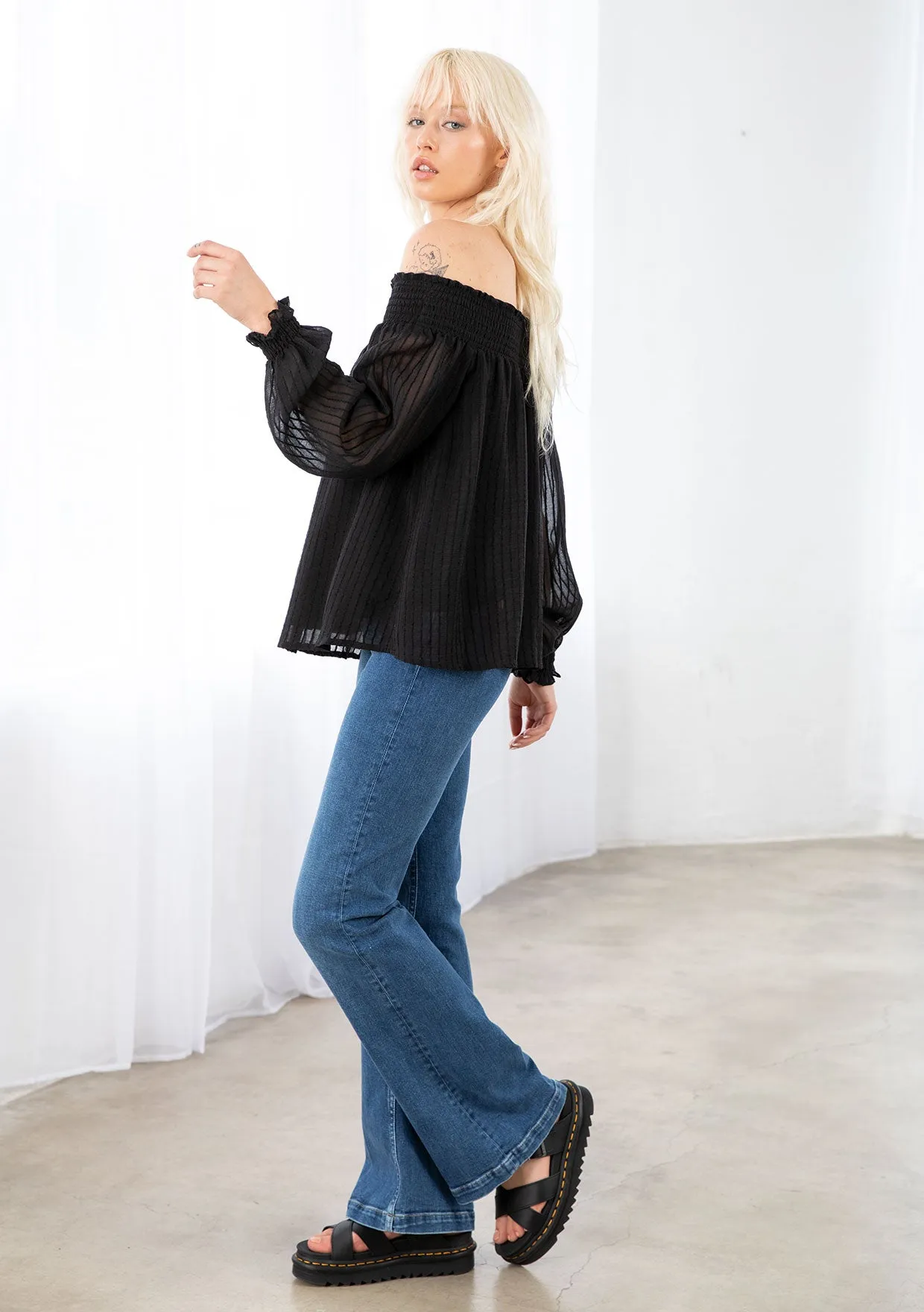 Smocked Off Shoulder 3/4 Sleeve Boho Blouse