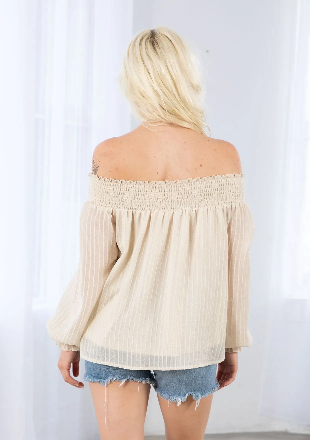 Smocked Off Shoulder 3/4 Sleeve Boho Blouse